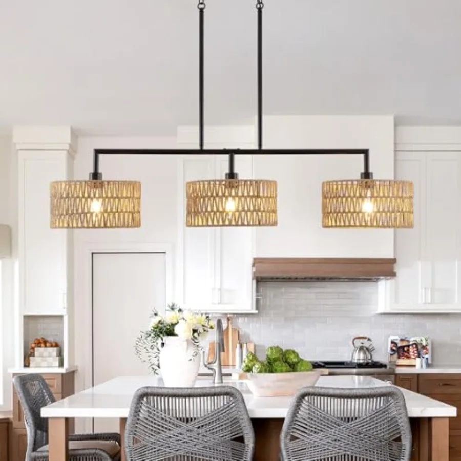 

47" Hand Woven Rattan Chandeliers for Dining Room, 3-light Boho Linear Chandeliers Large Farmhouse Kitchen Island Lighting, Bla