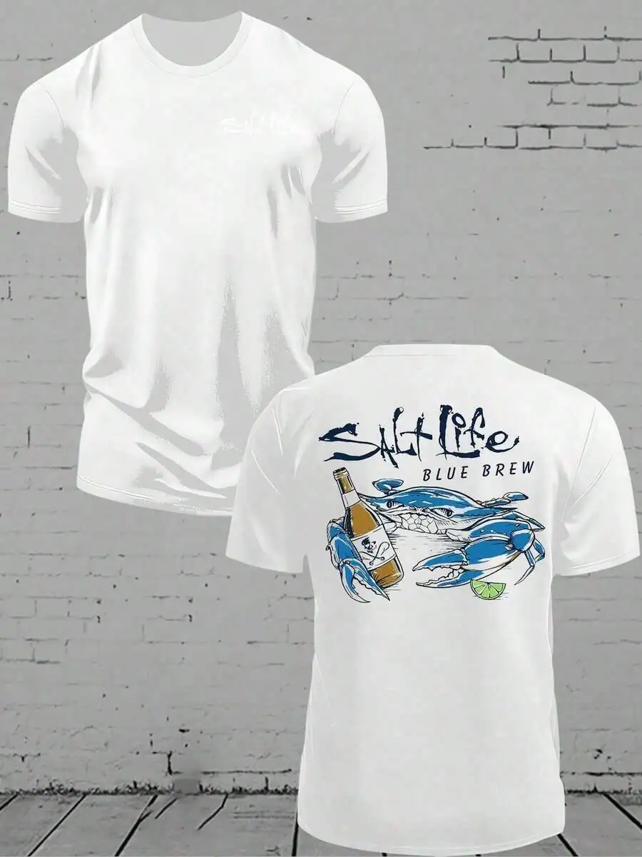 

Salt Life Get Your Blue Brew Crab! Oversized Distressed Graphic Tee - 220g 100% Pure Cotton Men's Short Sleeve
