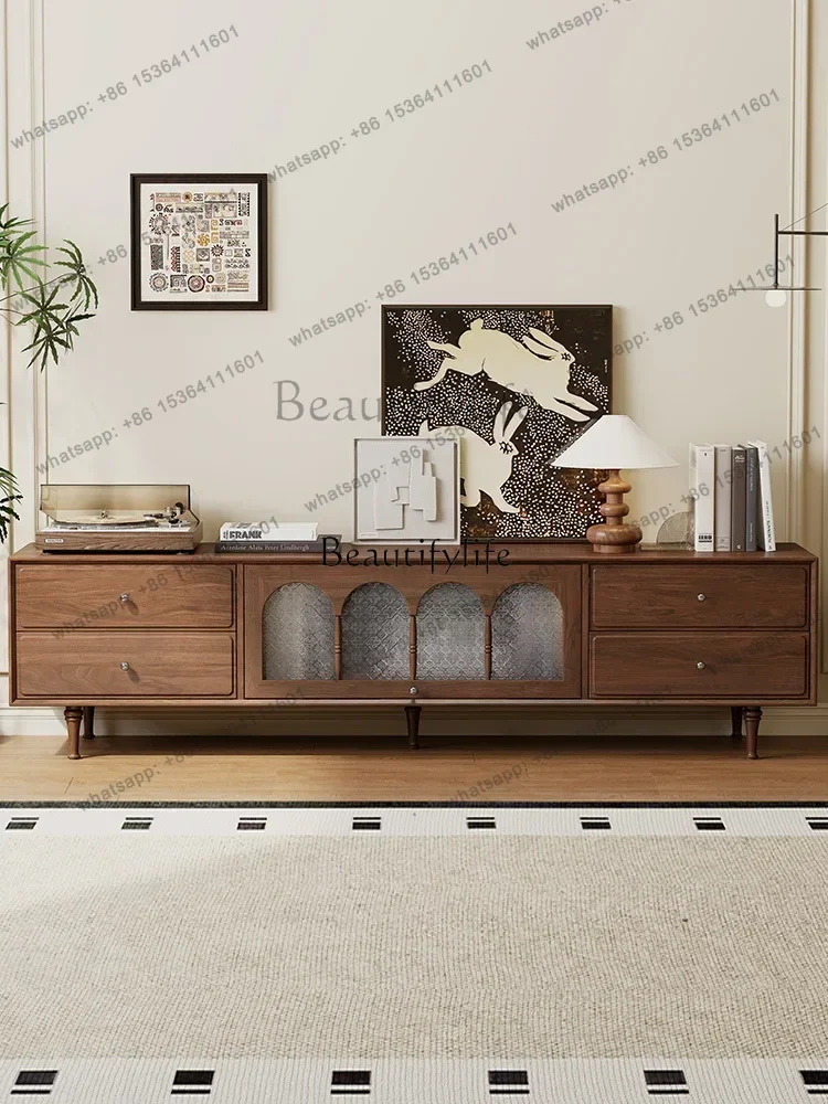 

Medieval solid wood TV cabinet living room household black walnut furniture