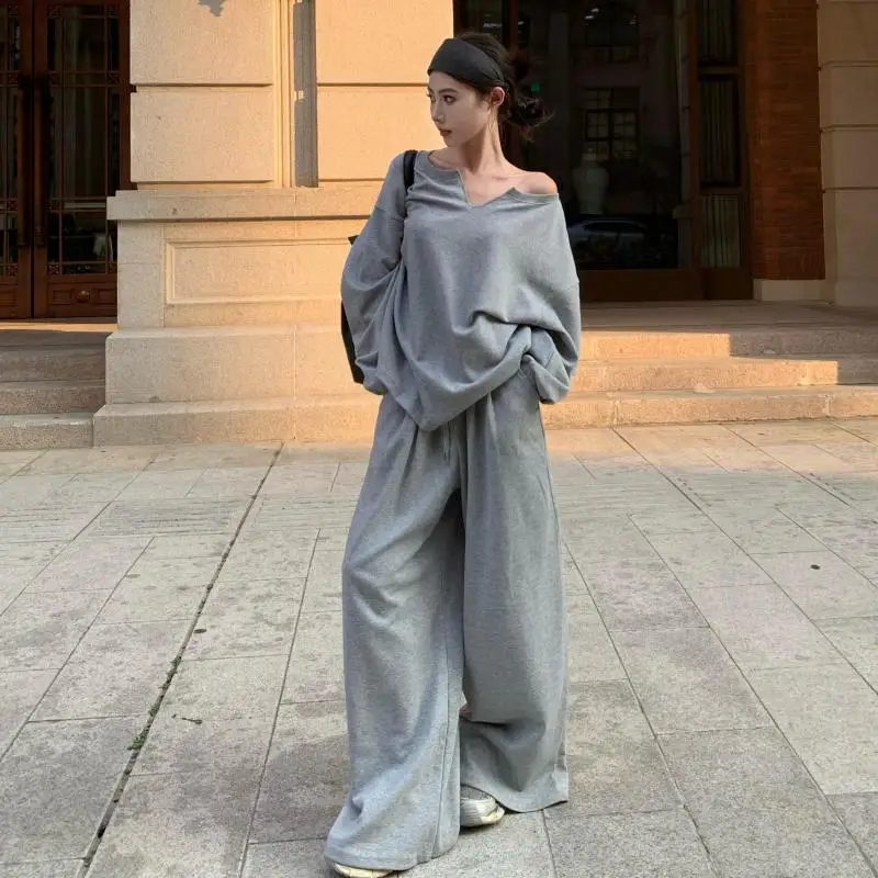 

Elegant Women's Set 2025 Autumn New Solid Pullover Casual Sweatshirt Sports Wide Leg Pants Two-piece Suit Female Street Wear