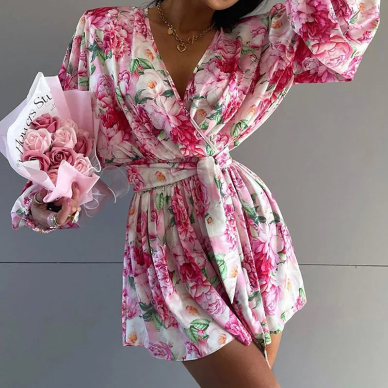 2024 Autumn New Floral Print Casual Romper Lady Sexy V Neck Lace Up Shorts Jumpsuits Fashion Long Sleeved High Street Playsuit