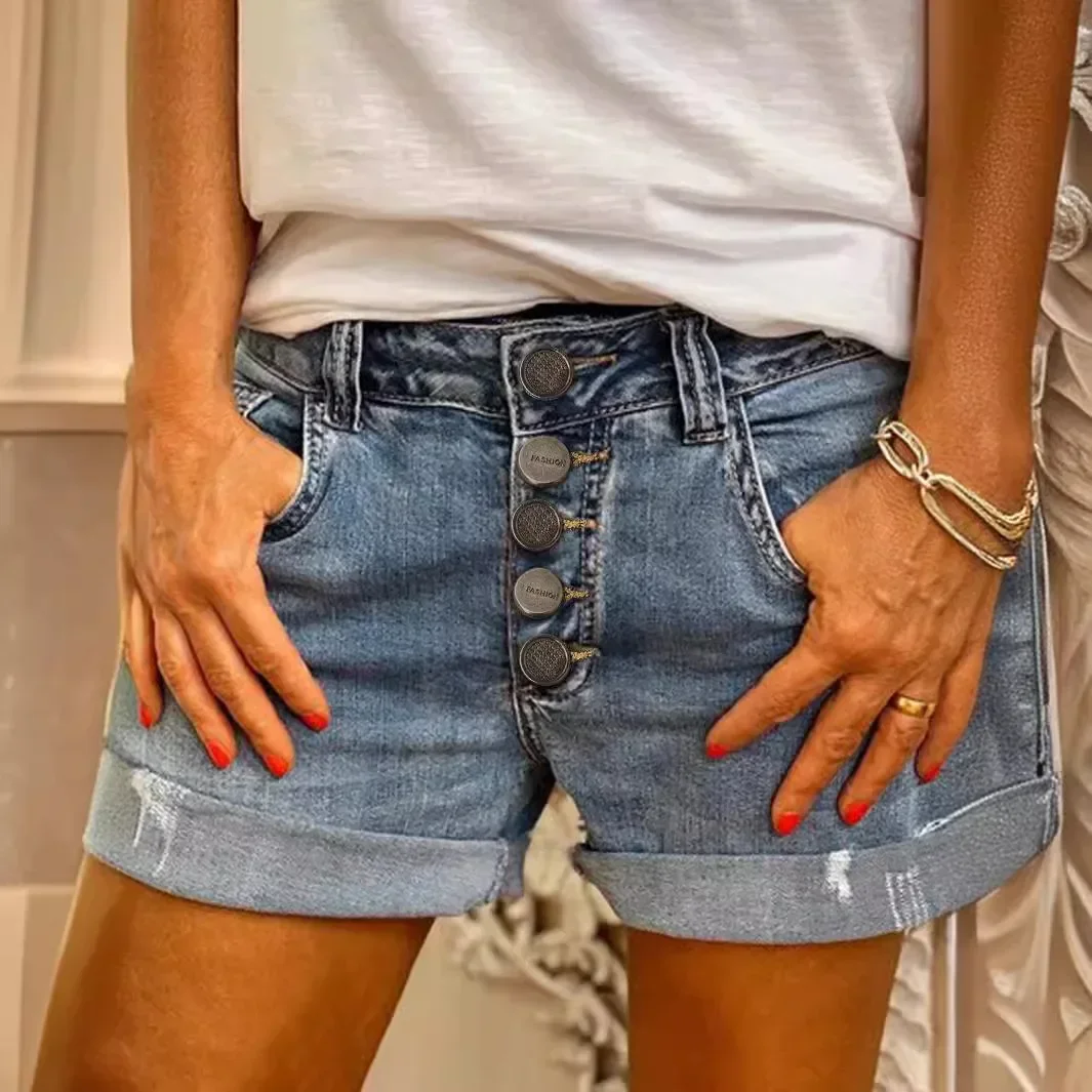 Women's Clothing Denim Shorts Pants Retro Breasted Summer Fashion Ripped Bleached Sexy Jeans Shorts