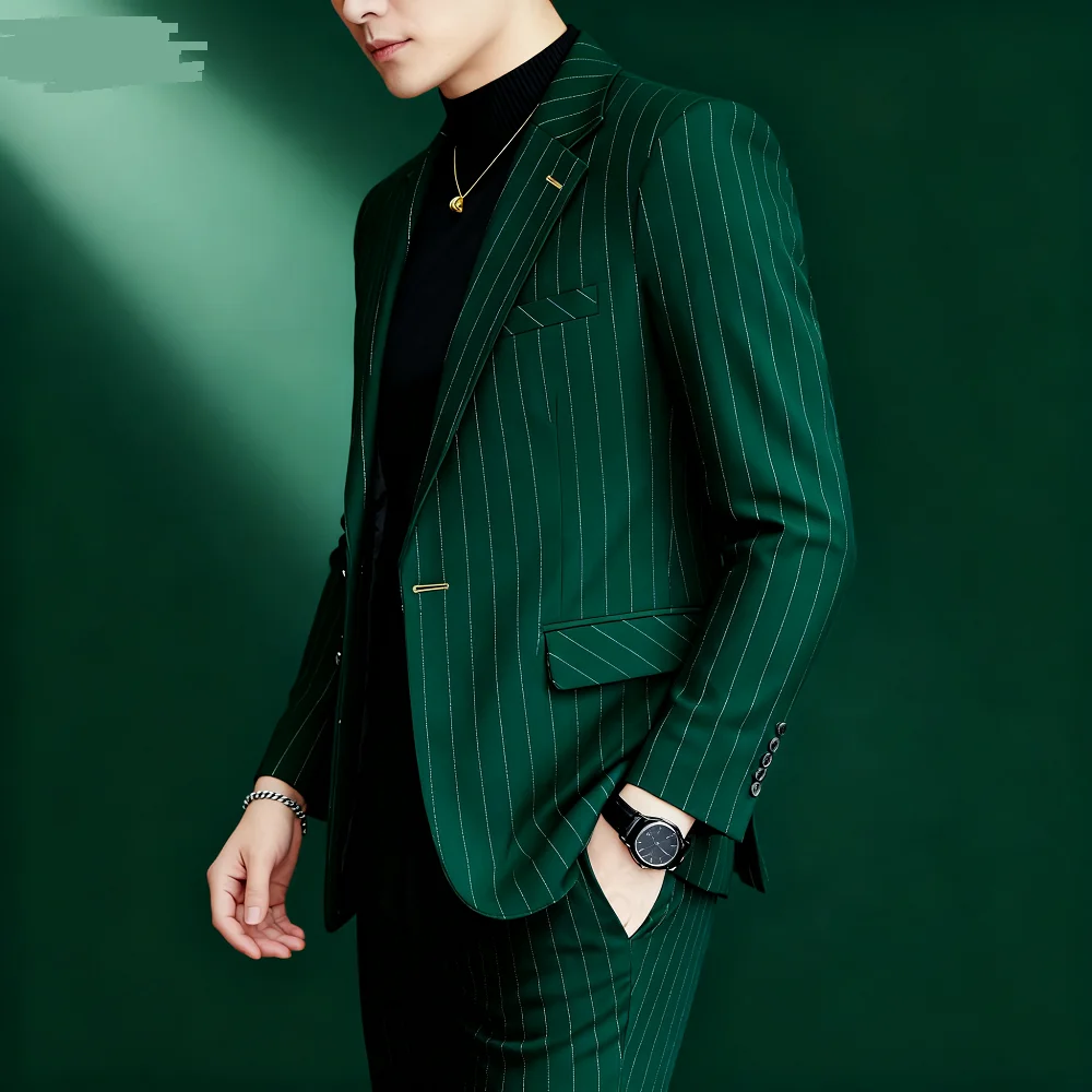 

Elegant Blue Navy Men's Striped Business Blazer Slim Fit Tuxedo Casual Wedding Suit Peak Lapel Single Breasted Jacket