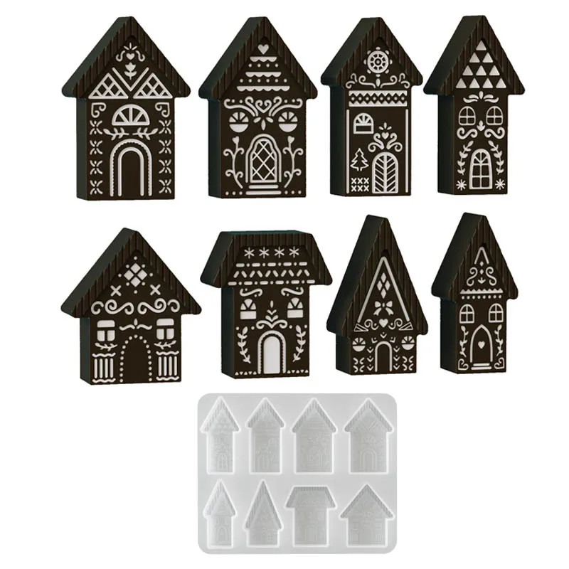 8 Cavity Carved Gingerbread House Silicone Mold DIY Aroma Candle Plaster Cement Hanging Christmas Ornament Tag Xmas Decor