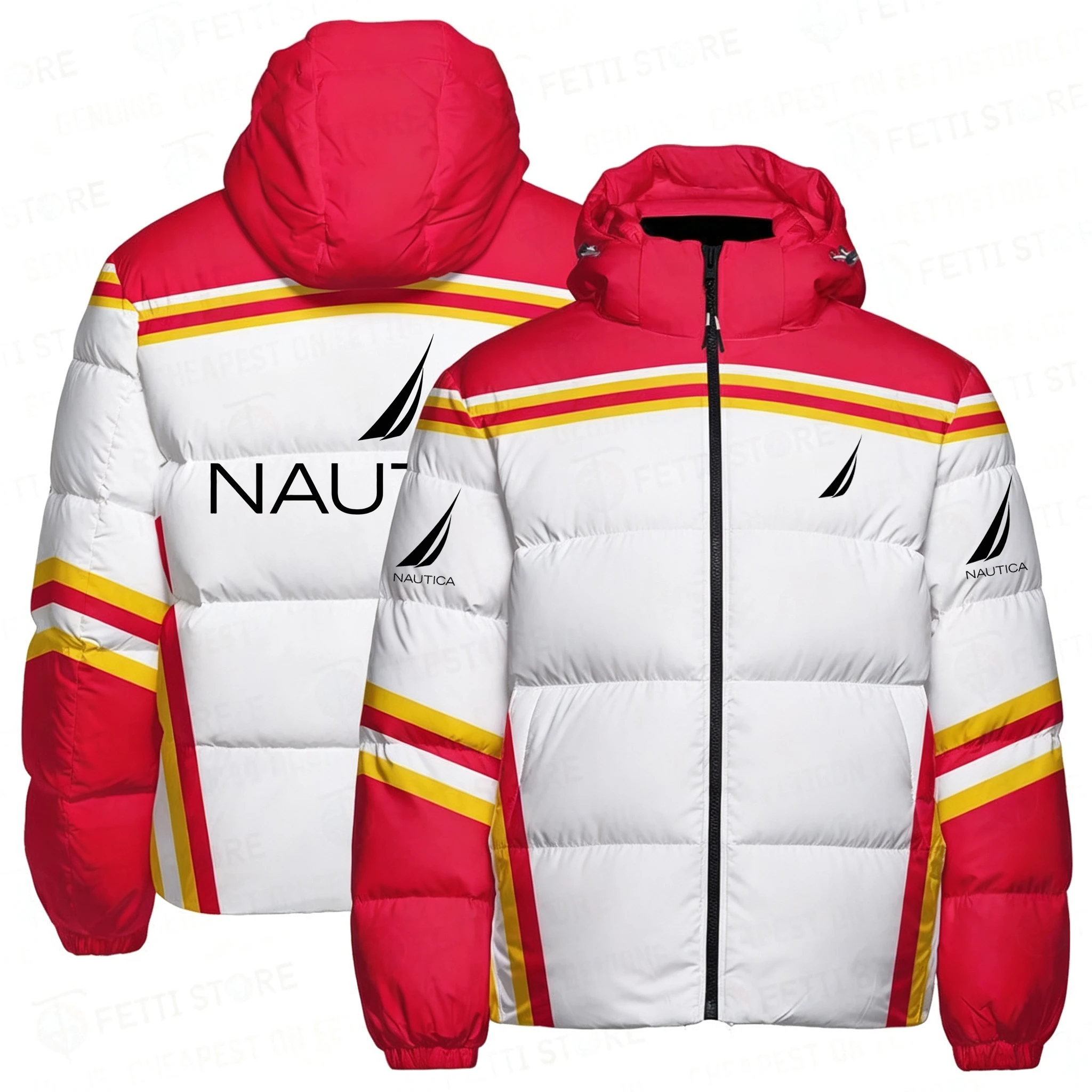 NAUTICA Hooded Cotton Jacket Nautical Sailboat Anchor Pattern Outdoor Sports Warm Color-Blocked Winter Thick Jacket Coat