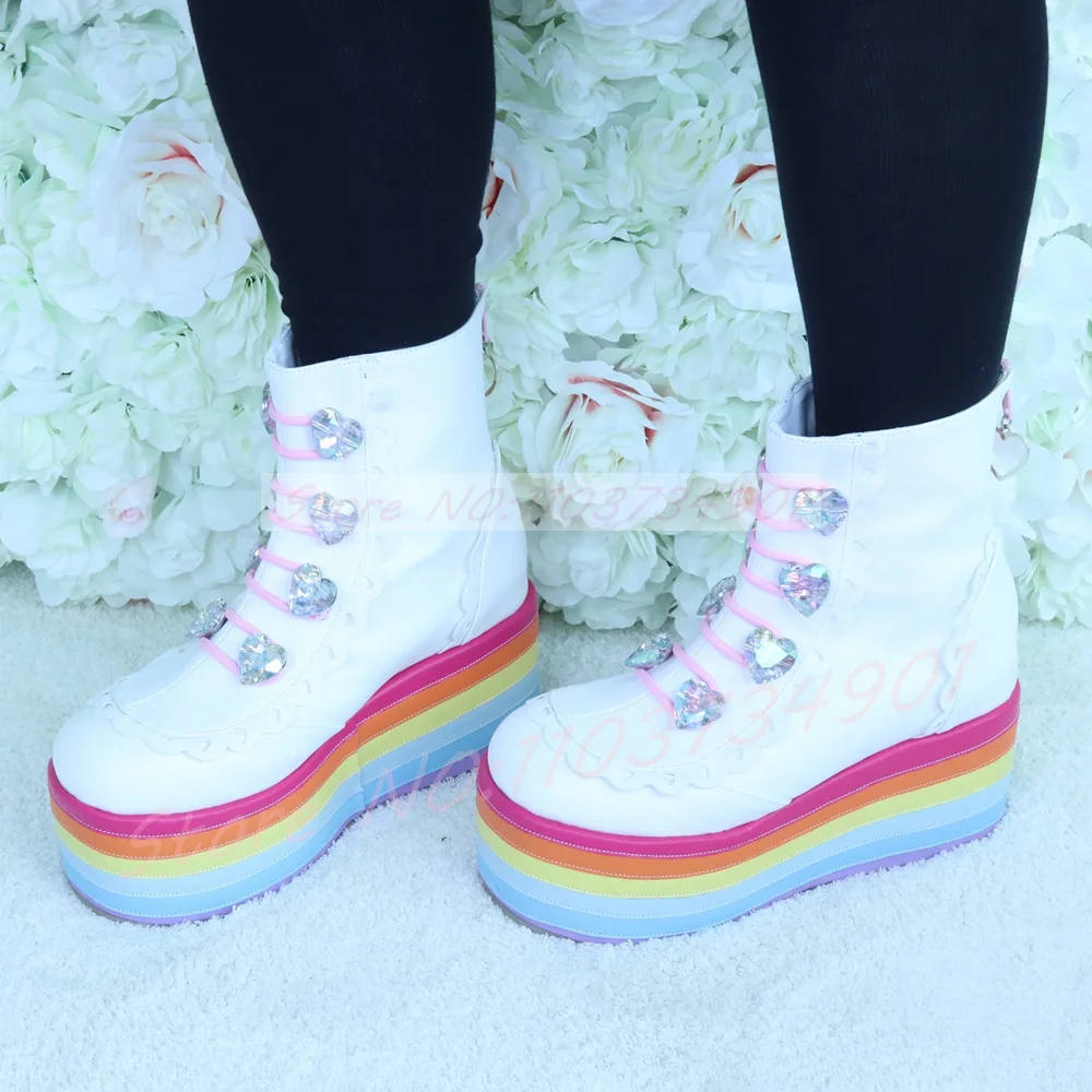 Women Kawaii Rainbow Platform Ankle Boots White Lolita Ruffle Trim Wedge Booties with Heart Crystals Cute Sweet Goth Footwear