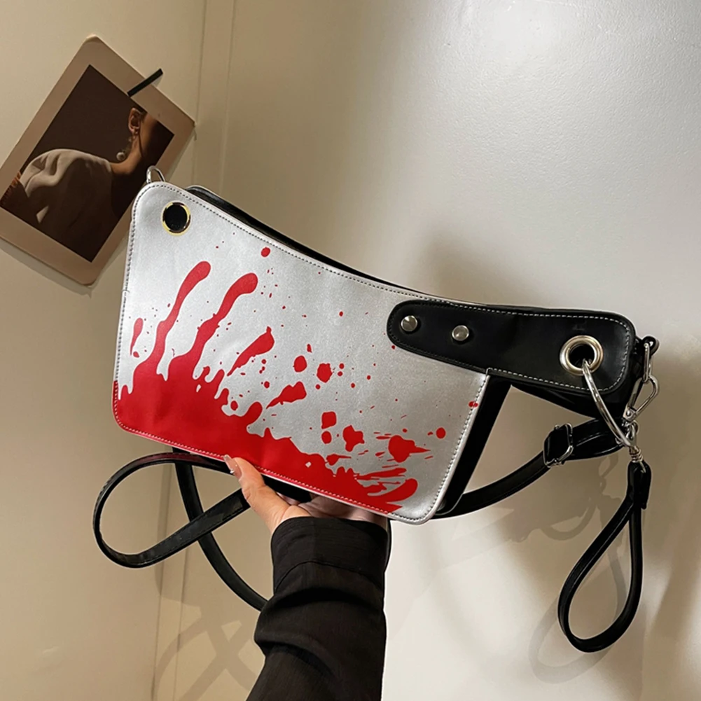 Knife Shaped Shoulder Bag PU Leather Gothic Clutch Purse Adjustable Strap Messenger Bags Halloween Horror Bloody Satchel Bags