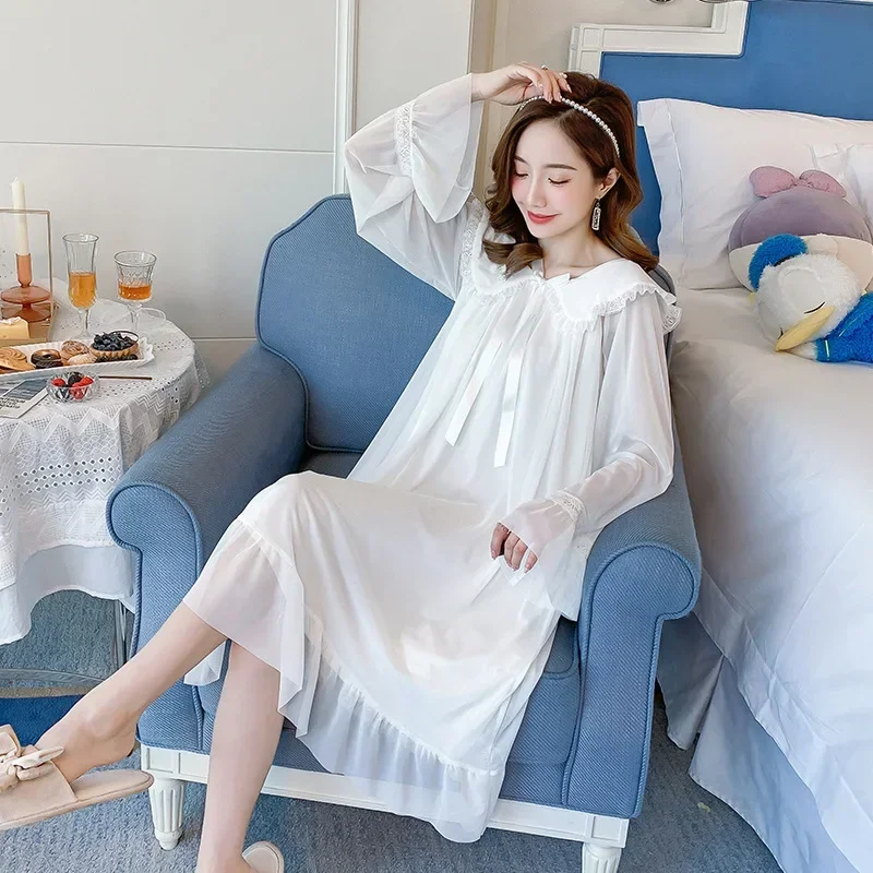 Women Cotton Mesh Long Robe Peignoir Princess Sleepwear Victorian Night Dress Vintage Nightgown with Built-in Bra Lolita Nightie