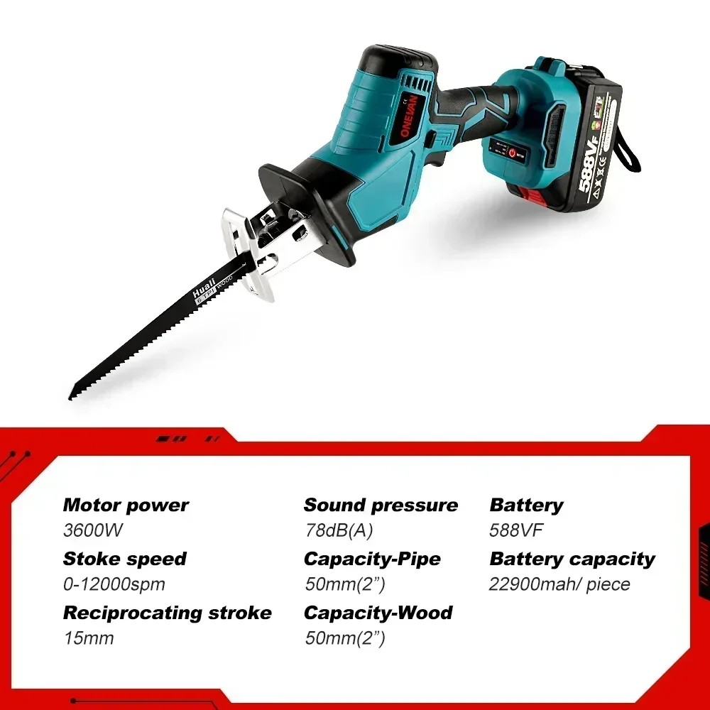 ONEVAN 3600W 12000SPM Brushless Cordless Electric Reciprocating Saw Variable Speed Metal Wood Cutter Tool For Makita 18V Battery