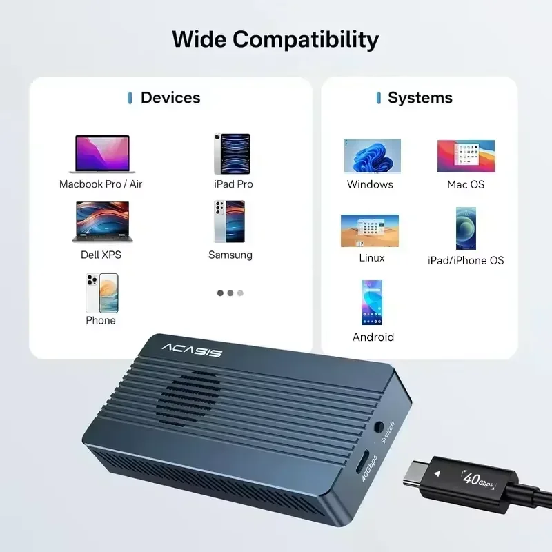 Корпус для твердотельного накопителя Acasis 40 Гбит/с USB4.0 с вентилятором охлаждения для M.2 NVMe | Совместим с USB 3.2/3.1 и MacBook Pro/Mac Mini и ноутбуками