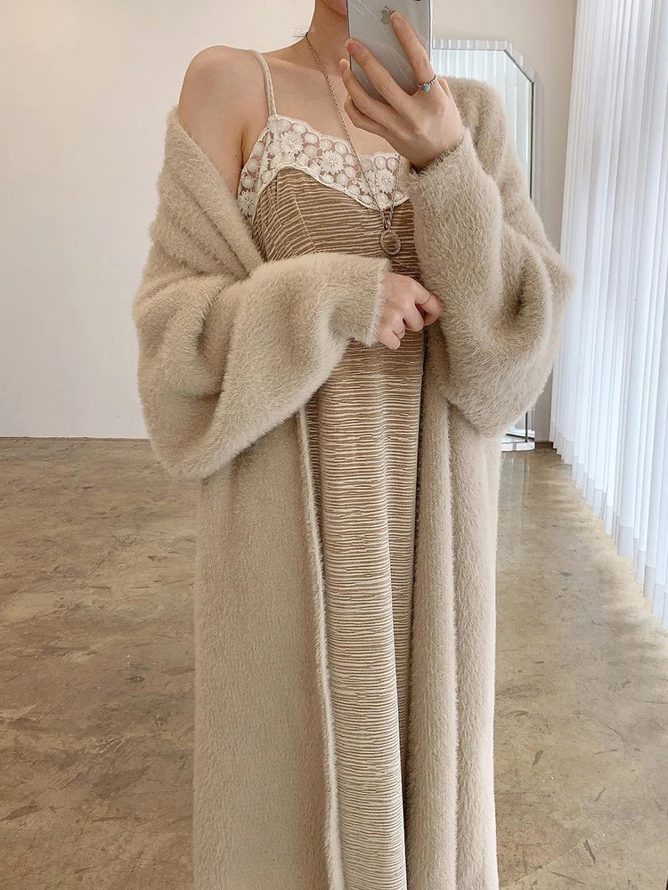 White Long Cardigan Women Korean Fashion Elegant Knitted Fluffy Sweater Female Autumn Winter Vintage Sweet Casual Loose Cardigan