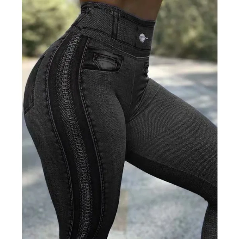 새로운 여성 높은 스트레치 데님 인쇄 패션 높은 허리 3D 지퍼 인쇄 레깅스 요가 활동을위한 편안한 매일 착용