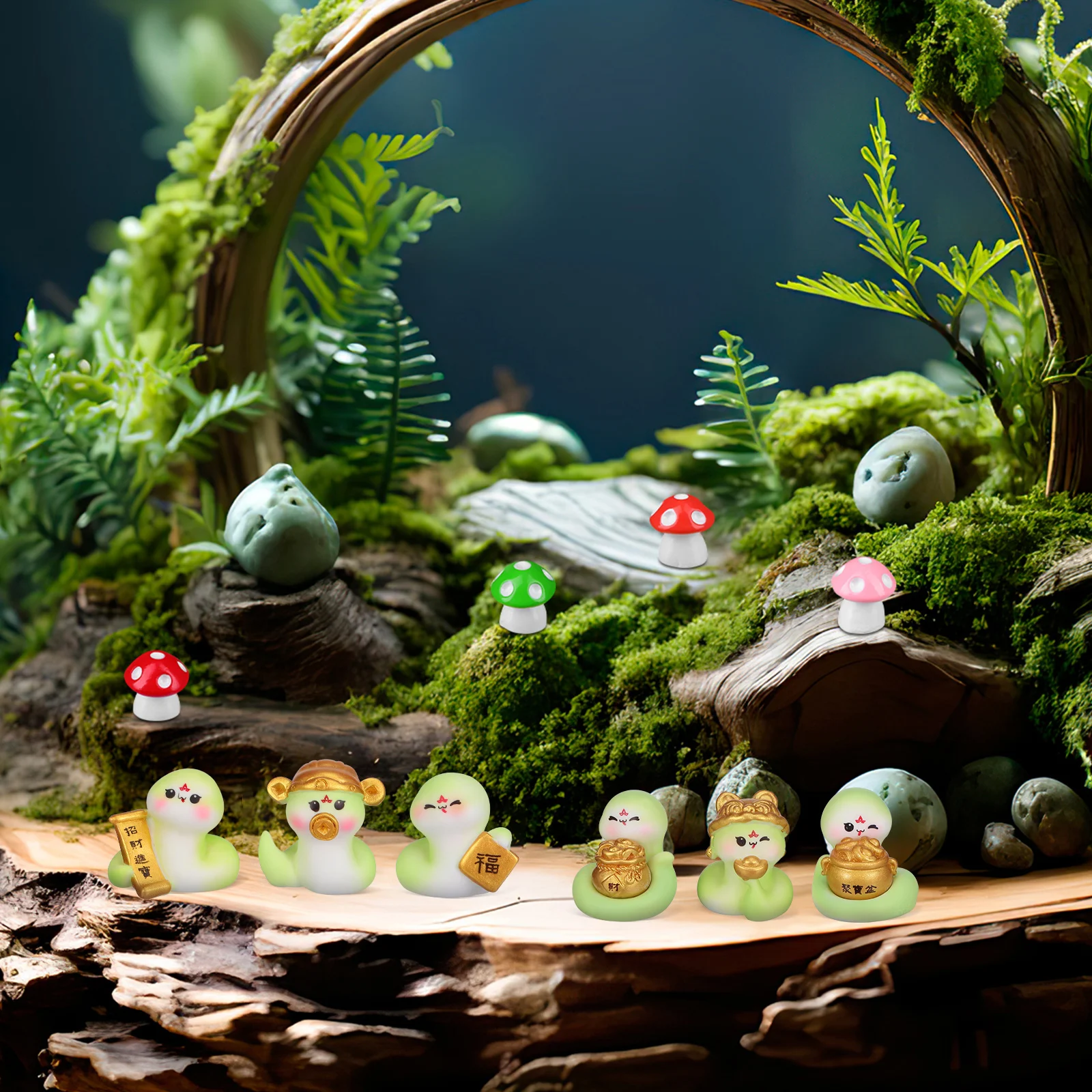 

6pcs Lucky Snake Figurines Adorable Resin Decors Mini Year Ornaments Home Party Decorations Cartoon Animal Trinkets Car