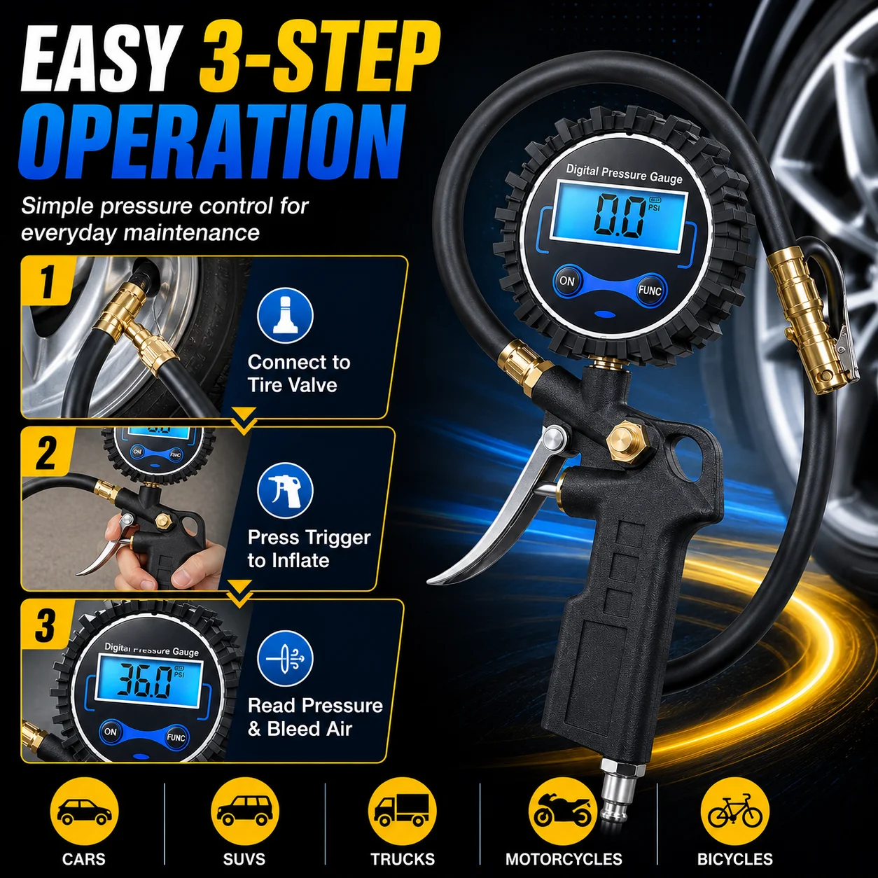 Digital Tire Pressure Gauge Inflator Deflator Tool Metal ABS Air Chuck with LCD Display for Car Truck Motorcycle Tire Care Kit - view 4