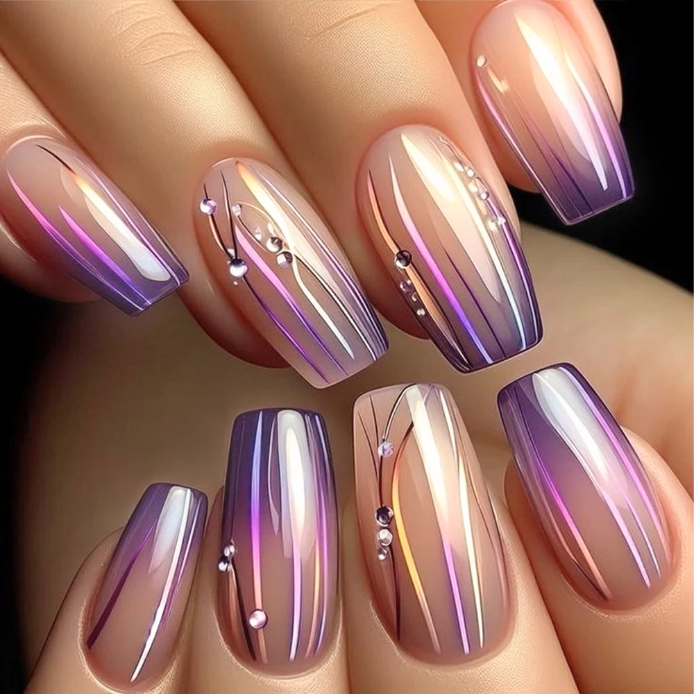 24Pcs Medium Square Press on Nails Glossy Gradient Design Fake Nails Gold Lines Stripe False Nails Sweet Cool Acrylic Nail Tips