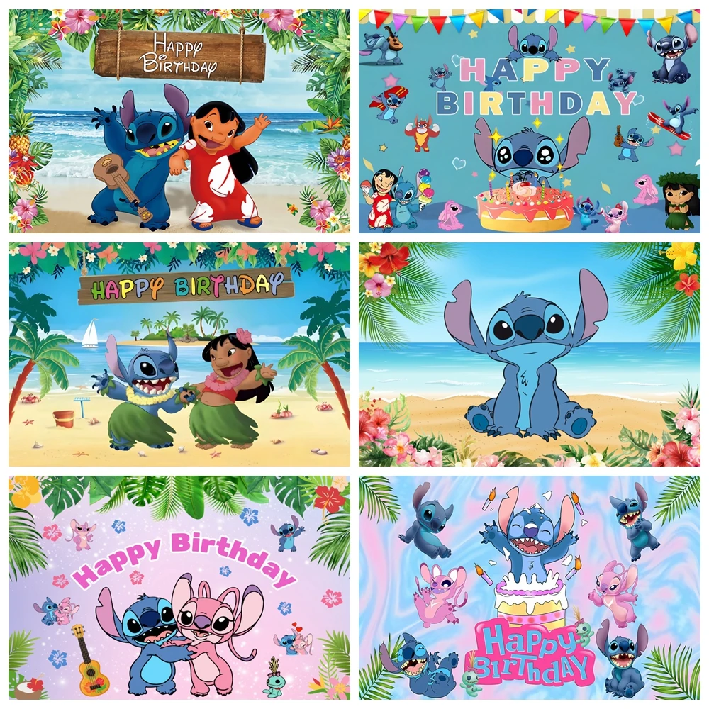 Disney Lilo Stitch Party Backdrops Children\'s Happy Birthday Decoration Photographic Background Decorations Kids Decor Banner