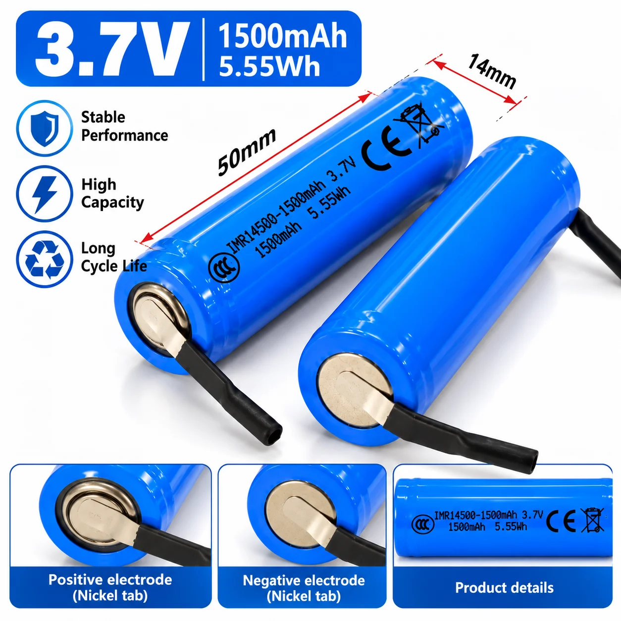 14500 3.7V  1500mAh Rechargeable Batteries AA Battery with Welding Tabs for Braun Philips Electric Toothbrush Shaver Razor