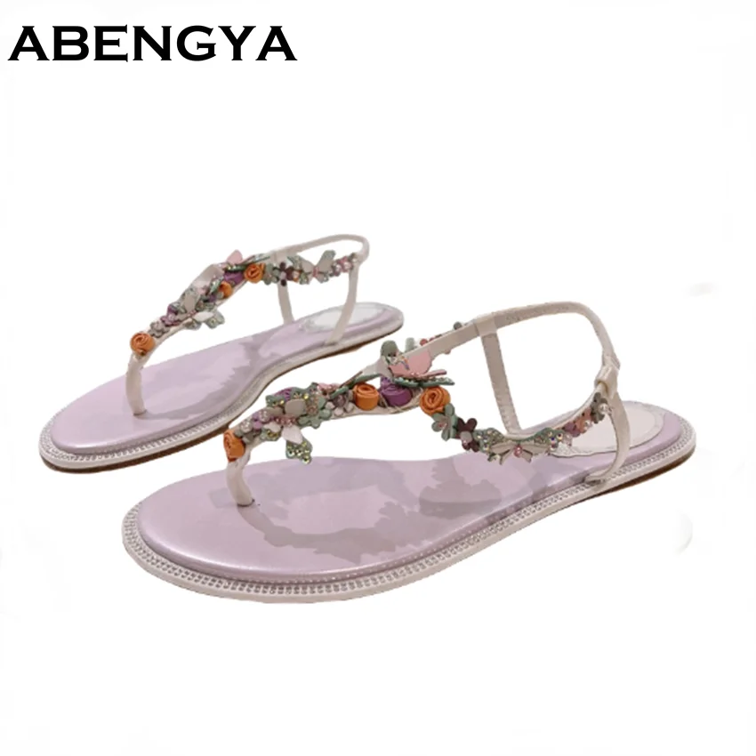 

Летние пляжные сандалии с цветочным декором, женские милые праздничные туфли на плоской подошве для женщин, шлепанцы, женские сандалии на плоской подошве с кристаллами