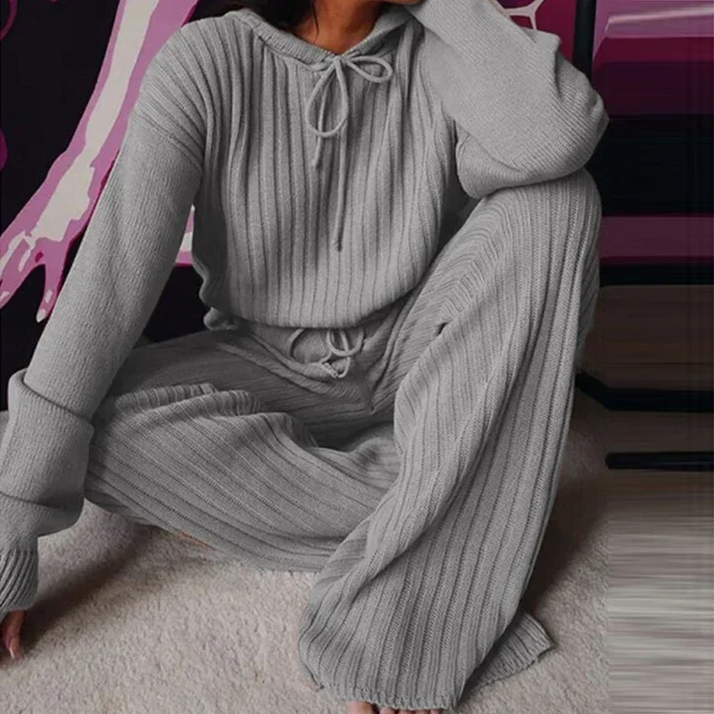 Pyjama à Capuche à Manches sulfpour Femme, Décontracté, Solide, Mode, Streetwear, Élégant, 2 Pièces, Printemps Automne