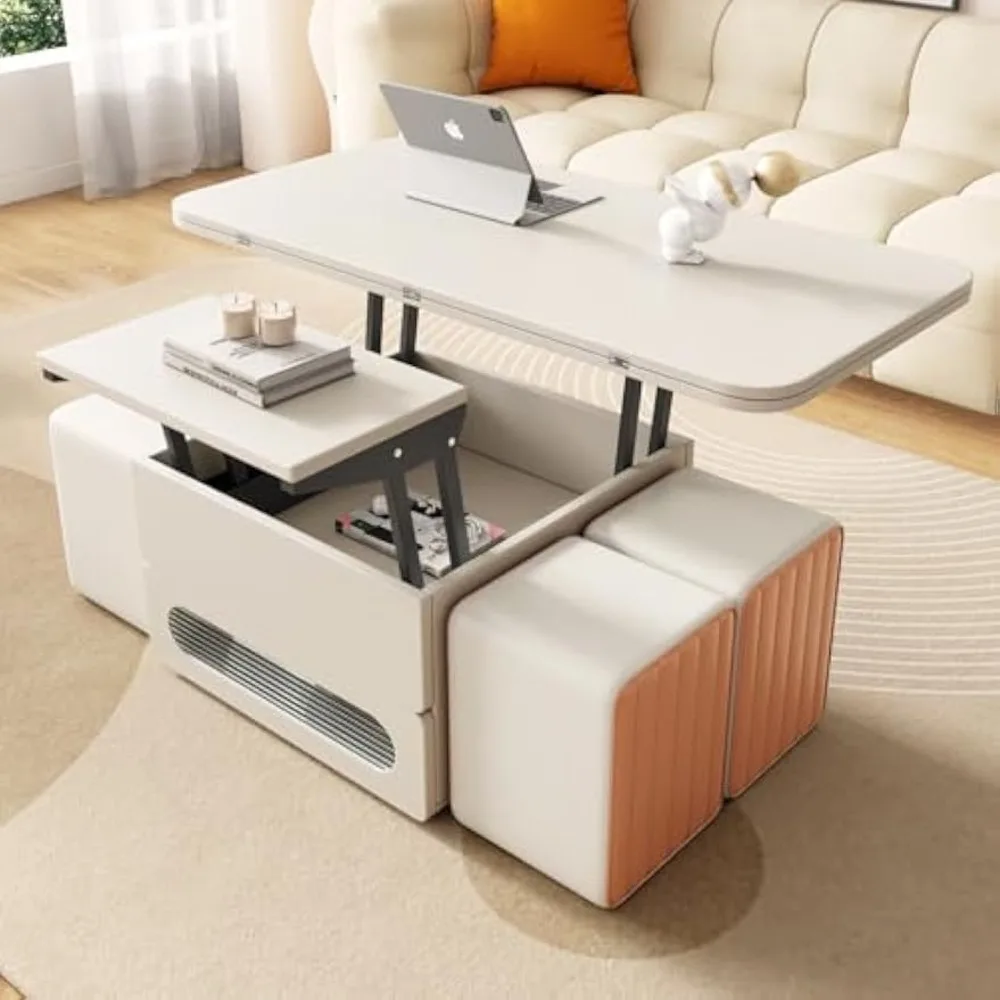 Lift-Top Coffee Table Set with 4 PU Stools, 3 in 1 Multi-Function Center Table, Modern Coffee Table with Hidden Storage