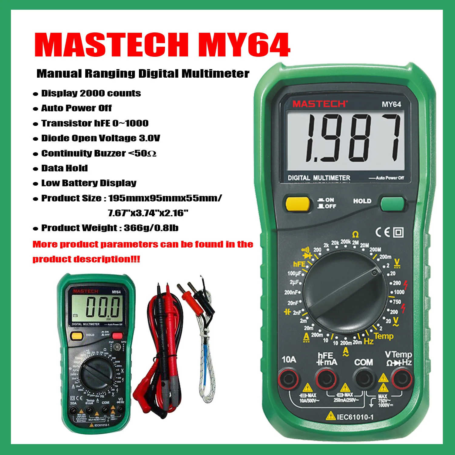 MASTECH MY60 MY61 MY62 MY63 MY64 MY65 MY68 Manual Ranging Digital Multimeter Electric Handheld Tester Meter Voltmeter Data Hold.