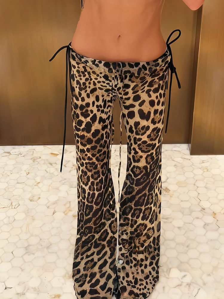 Sisterlinda Fashion Flared Pant Women Bandage Tassel Leopard Print Low-Waist Leisure Music Festival Hottie Sexy Streetwear
