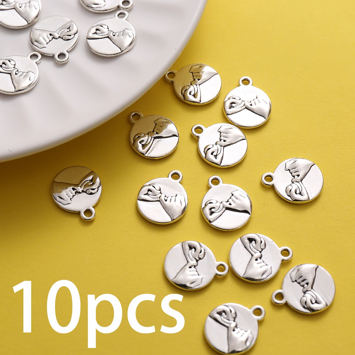 10 Pieces of Vintage-Style Hook Gesture Single-Hole Round Pendant Charms, Featuring a Double Hook Design, with Built-In Hanging Loop, Suitable for DIY Bracelets, Earrings, Necklaces, and Niche Handmade Beading Accessories for Friends