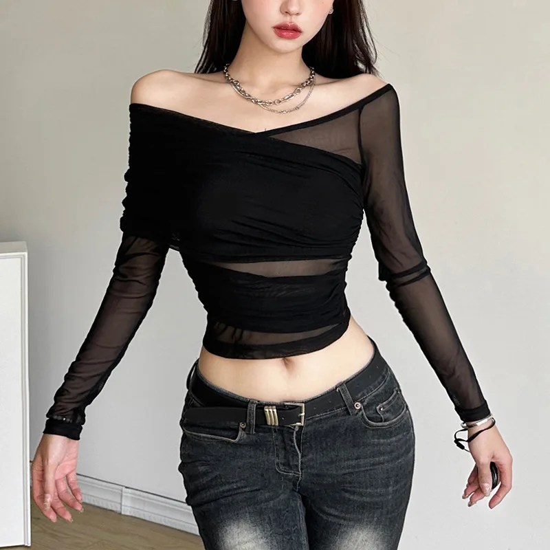 Gaono Multi-wear Mesh Sheer Crop Tops Korean Elegant Off the Shoulder T-shirt Chic Women Long Sleeves Slim Fit Cover-Ups Tees