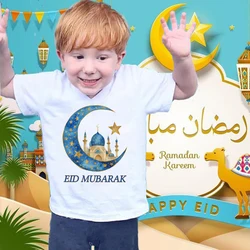Eid Mubarak Moon Star Printed Kids Shirts Eid Ramadan Child T-shirt Tops Islamic Muslim Holiday Boys Girls Short Sleeve Outfit