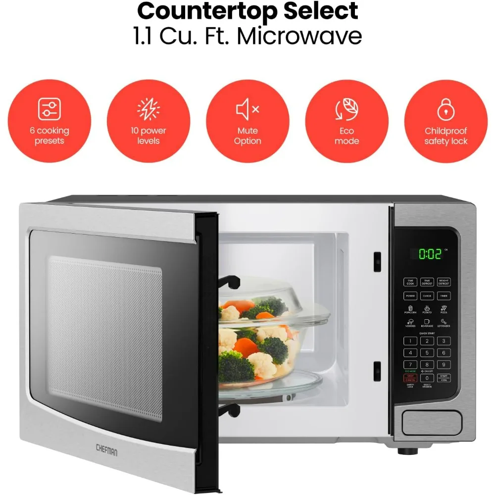 Countertop Microwave Oven 1.1 Cu. Ft. Digital Stainless Steel Microwave 1000 Watts with 6 Auto Menus, 10 Power Levels