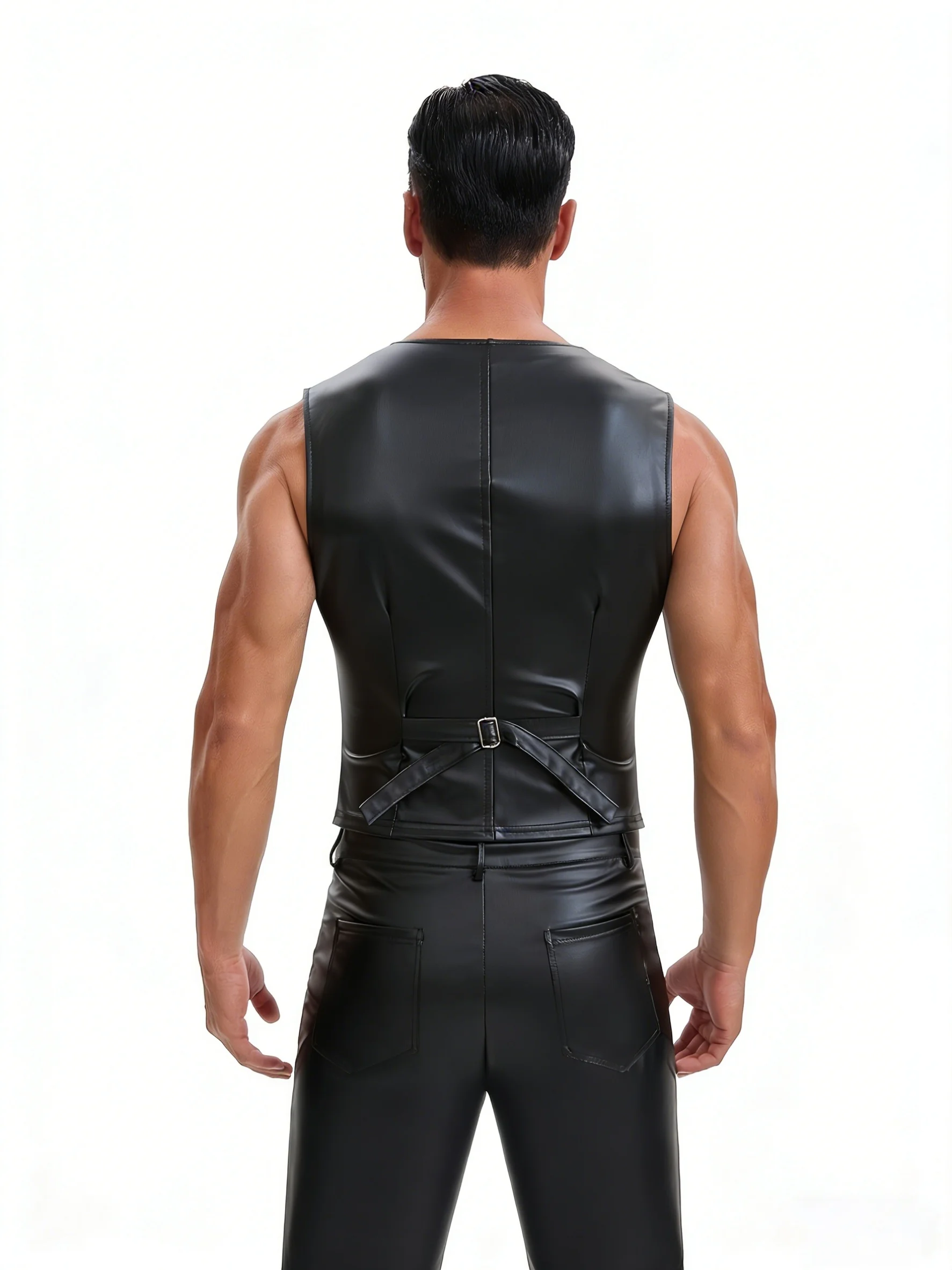Herren-Bluse aus weichem PU-Leder mit V-Ausschnitt und Knopfleiste, verstellbarem Bund und elastischem, trägerlosem Oberteil, geeignet für lässige Partys – Detail 2