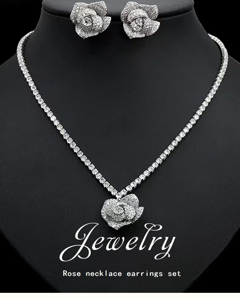 Silver Color Texture Rose Necklace   Three-dimensional Camellia Party Jewelry Earring Sets for Women Adiante Festival Gifts