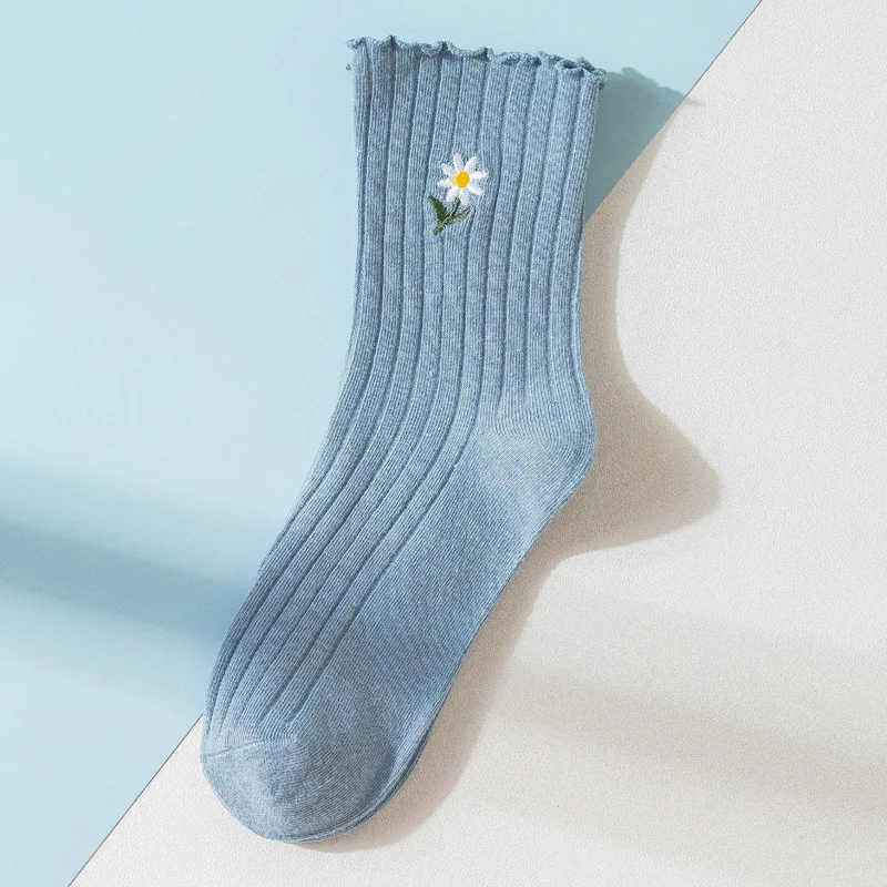 Medium Length Socks, Korean Version, Small Daisy Pile Socks, Women's Socks, Spring Summer Thin Style, Wood Ear Edge Cotton Socks