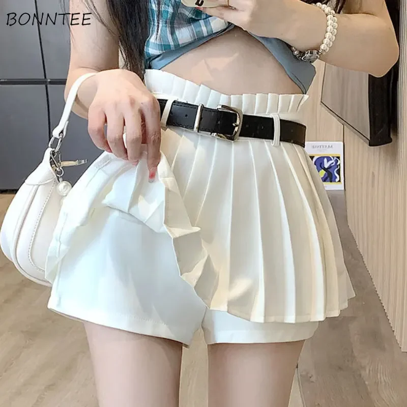 Pleated Mini Skirts Women Preppy High Waist Kawaii Summer Belt Simple Casual Faldas Sexy Gentle Clothing Korean Style Popular