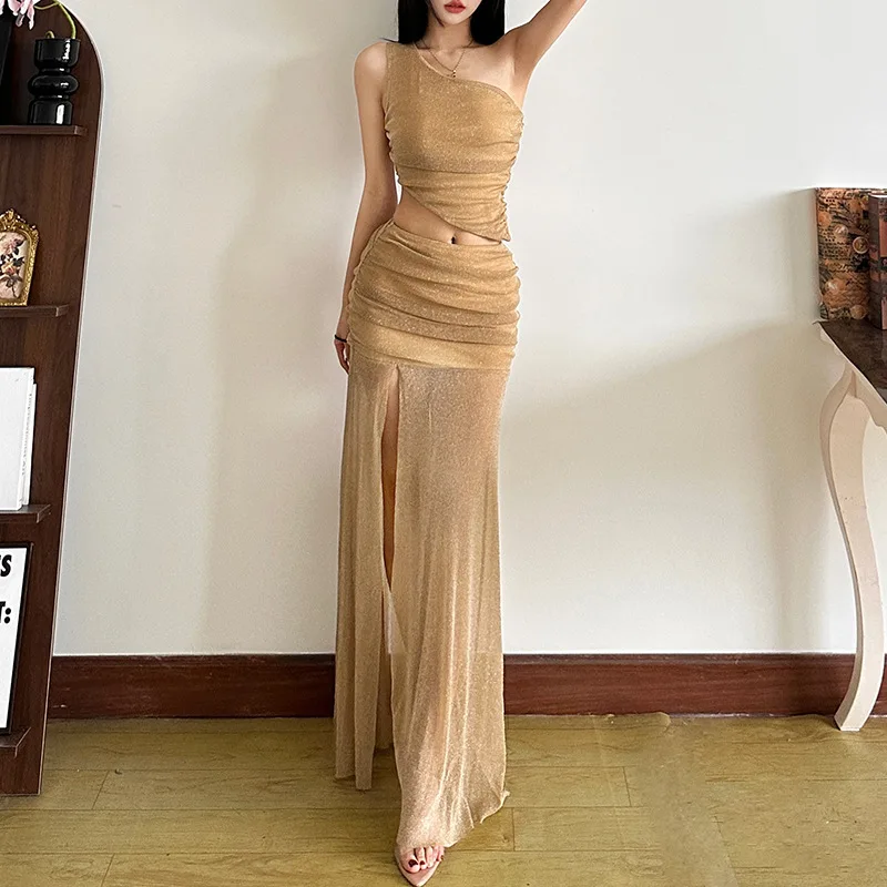 2025 Summer Aesthetic Two Pieces Set Skew Collar One-shoulder Irregular Tops Women Harajuku Pleated See Through Long Skirts Suit image 2