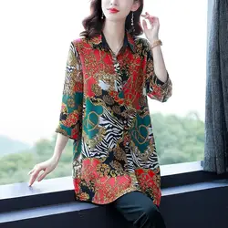 2023 Spring New Printed Oversized Women's Clothing Medium and Long Polo-Neck Single-breasted Loose Commute Simplicity Blouse