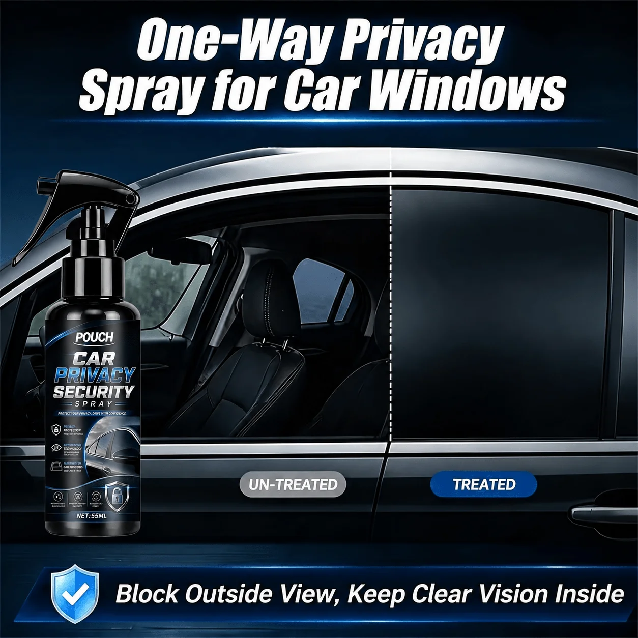 POUCH Car window anti-peeping spray film, anti-peeping one-way visible glass coating, heat insulation anti-fog quick-drying transparent protective film, suitable for side Windows and rear windshields, durable and easy to apply film