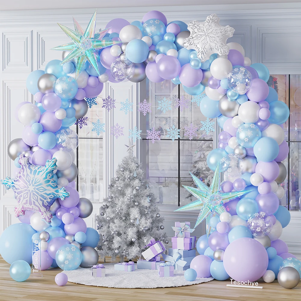 138pc Ice Snow Balloon Garland Blue Purple Iridescent Snowflake Balloon Princess Winter Wonderland Birthday Christmas Party Deco