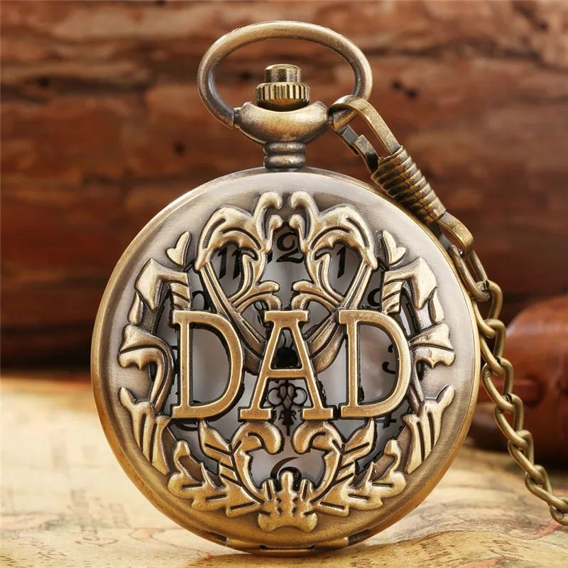 Bronze Hollow Out Cover DAD Design Men's Antique Quartz Analog Pocket Watch with Sweater Fob Chain Ideal Present To Father