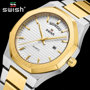 Swish top brand designer luxury wristwatches men fashion stainless steel quartz watches with day and date waterproof sports