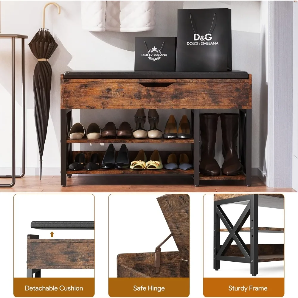 Скамья для хранения обуви из дерева и металла с подъемной столешницей, регулируемой полкой и подушкой для организации прихожей