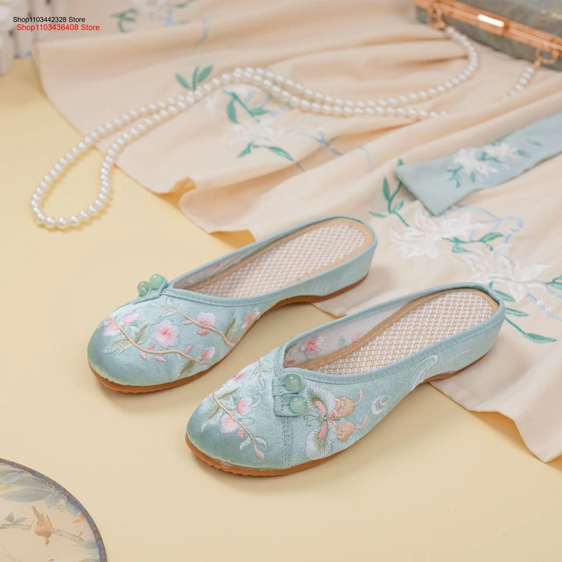 2024 Summer New Mercerized Satin Slippers Vintage Sandals Cheongsam Ancient Chinese Clothing Shoes Women's Shoes