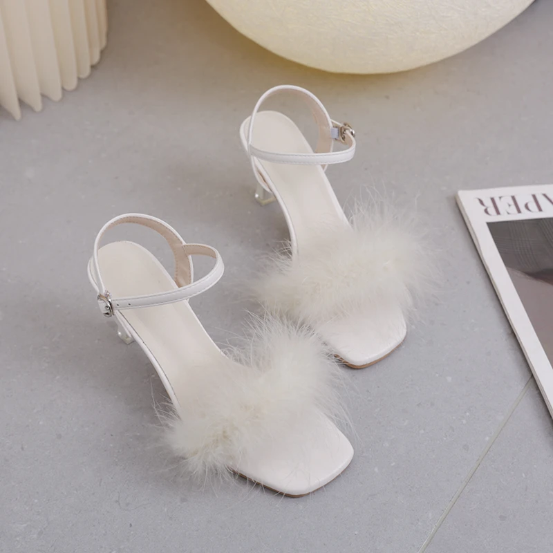 Feather Sandals Women Furry High Heels Ankle Plush Sandals Woman Transparent Heels With Fur Stripper Heeled Sandal Women