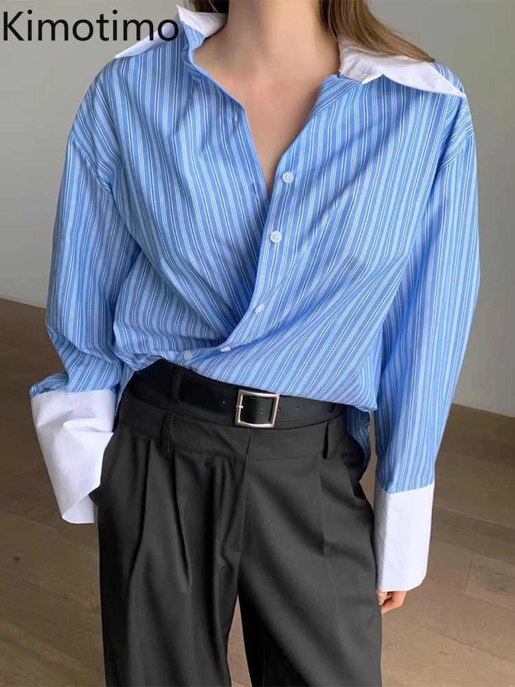 

Kimotimo Autumn Contrast Color Striped Long Sleeve Shirt Women Korean Chic Lapel Single Breasted Casual Tops Versatile OL Blouse