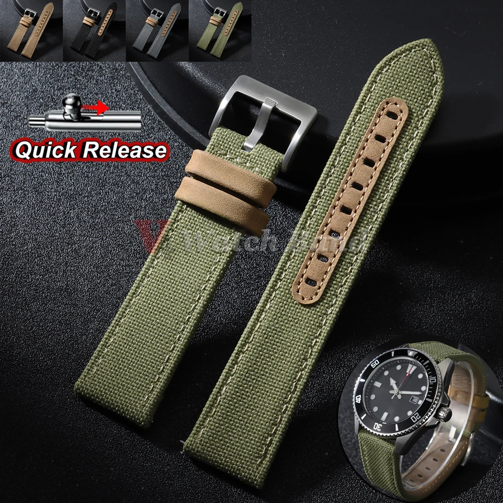 20mm 22mm Armband für Seiko Nylon-Leder-Uhrenarmband mit Dornschließe Schnellverschluss Nylon-Canvas-Segeltuch-Armband für Omega Uhrenarmband