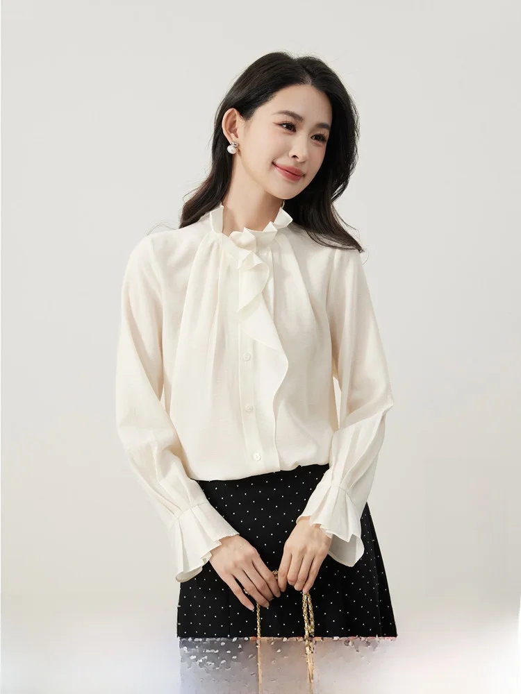 

Романтическая женская блузка с рюшами и длинными рукавами, из гладкого шелка, винтажная, прямого кроя, из полиэфирного волокна, для весенней моды