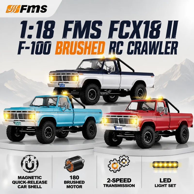 New FMS FCX18 II F-100 1:18 Remote Control Brushed 4WD Off-Road Crawler Pickup Simulation Ford With Light RC Two-Speed Model Toy