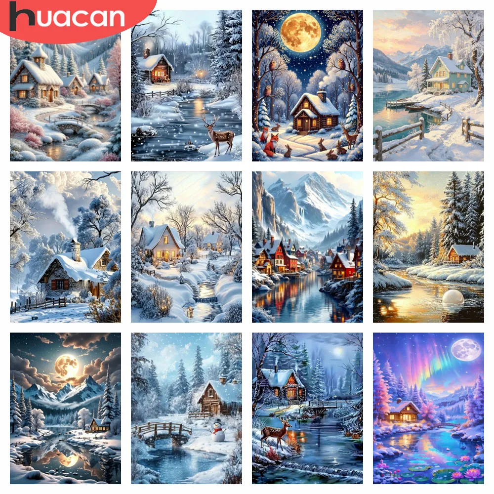 HUACAN 5D DIY Diamantmalerei Haus Winterlandschaft Diamantmosaik-Sets Schnee Quadratische Runde Diamanten Handgemachte Heimdekoration
