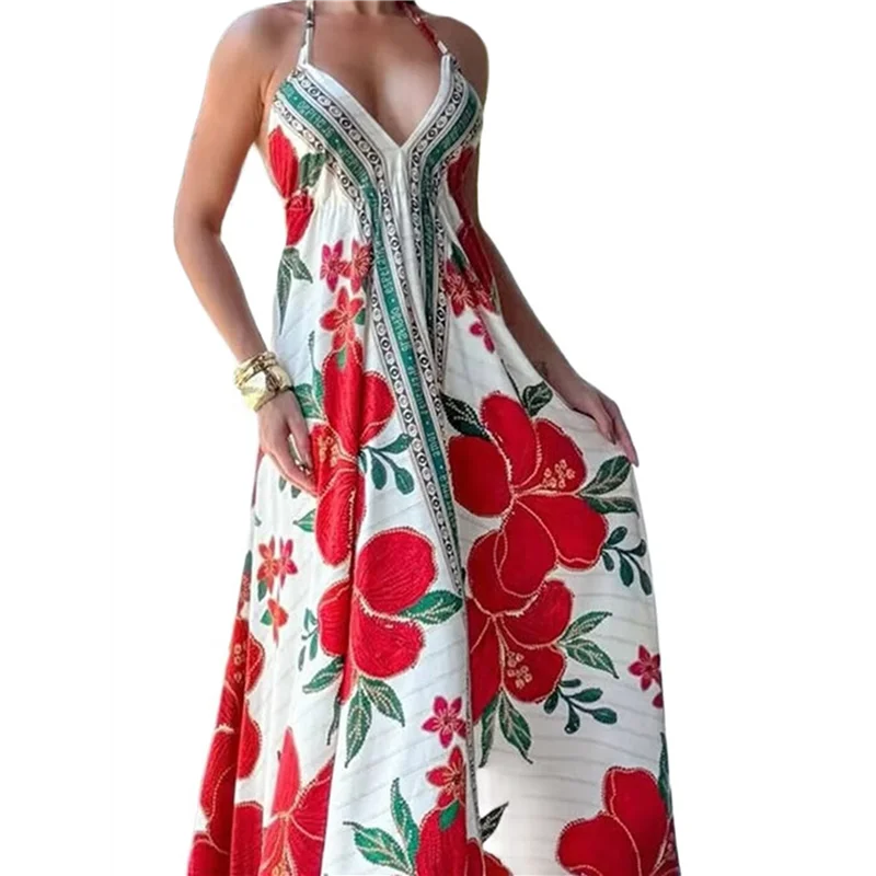 CYL-Women Boho Halter Floral V الرقبة بلا أكمام فضفاضة تناسب عارية الذراعين غير النظامية هيم فستان عطلة طويلة #1
