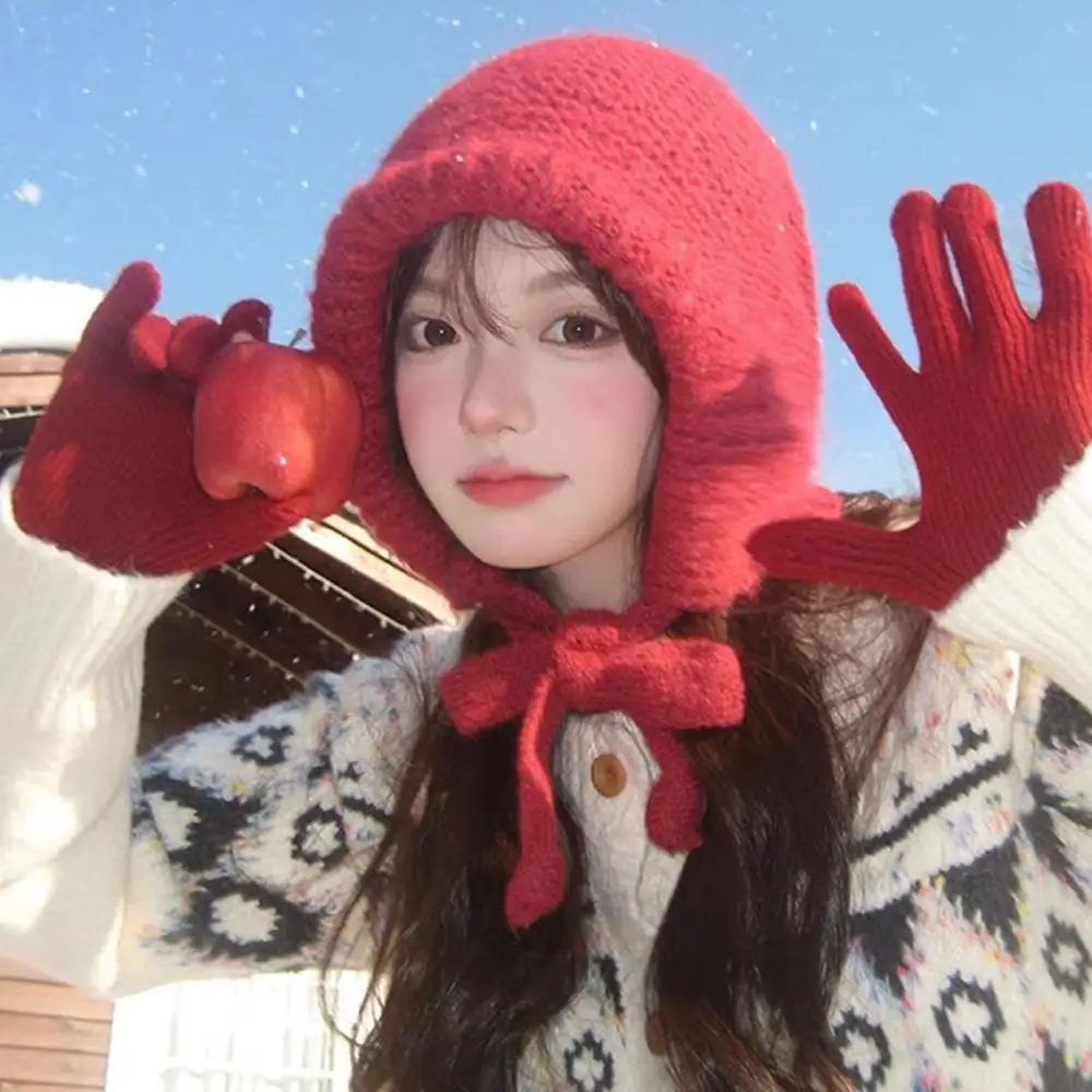 Korean Women's Winter Hat Warm Knit Hats Outdoor Warmer Drawstring Bomber Hats Balaclava Caps Red New Year Christmas Hat Gifts